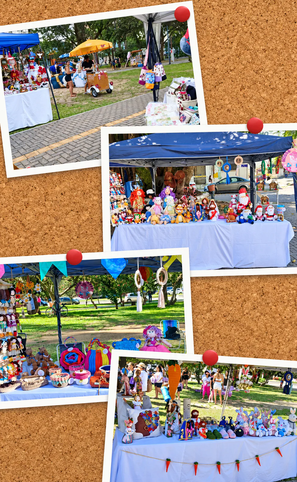 Montaje de cuatro fotos de una feria con bolsos, cestos, muñecos, piezas de tela y decoración artesanal.