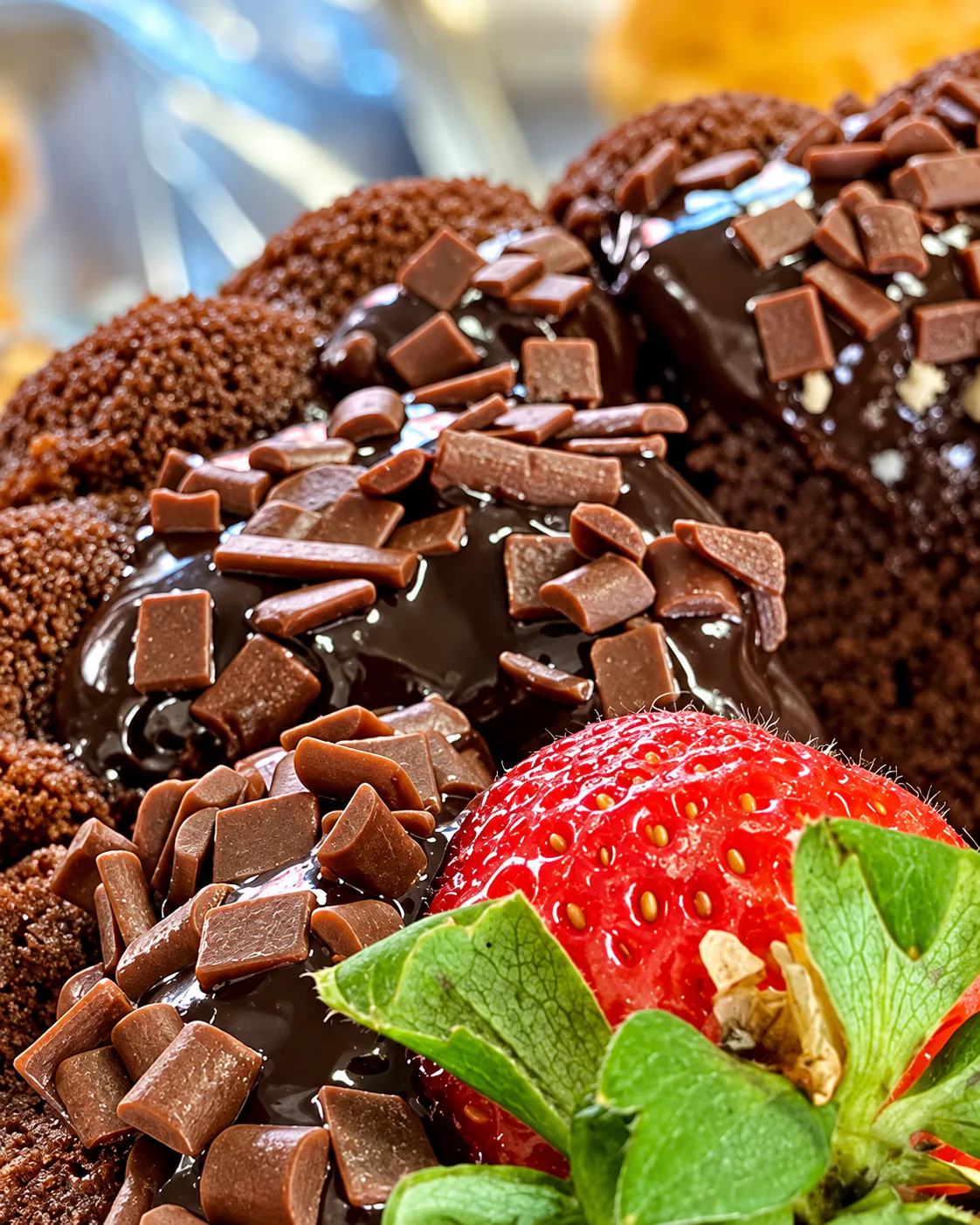 Detalle de pastel de chocolate con trozos de chocolate y fresa