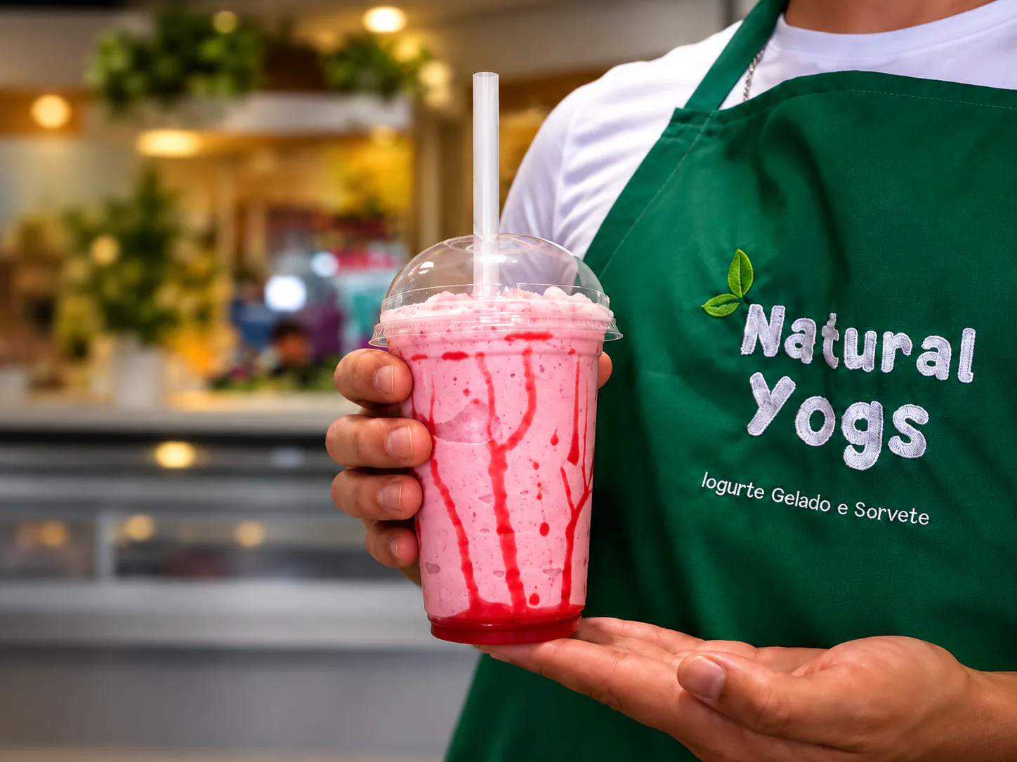 Milk-shake de morango servido em copo com tampa pela equipe da Natural Yogs
