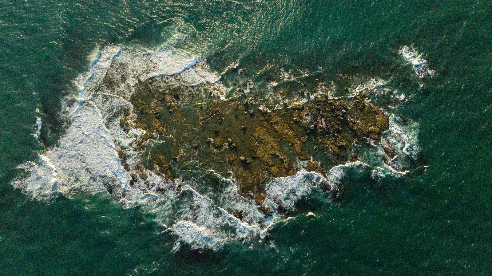 Vista aérea da Ilha dos Lobos cercada pelo mar e pela espuma das ondas