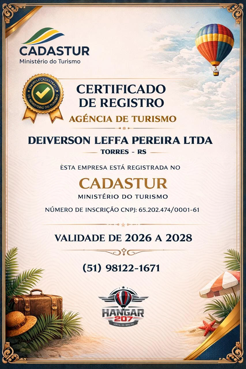 Certificado de registro en Cadastur enviado por Hangar 207